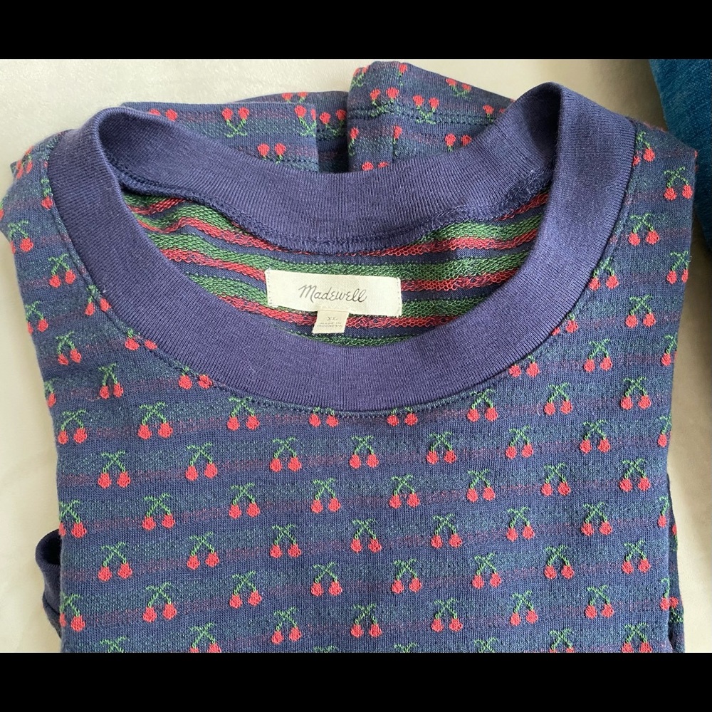 NWOT Madewell XL Cotton Short Sleeve CROP Top T Shirt Navy Blue w/ RED Cherries